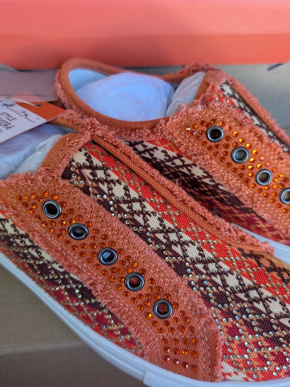 Montana West Orange Patterned Slip-On Sneakers with Rhinestones